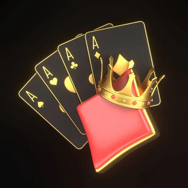 Playing cards with aces cards symbols and golden crown on a black background. Diamond icon. Casino cards, blackjack, poker. 3D render illustration