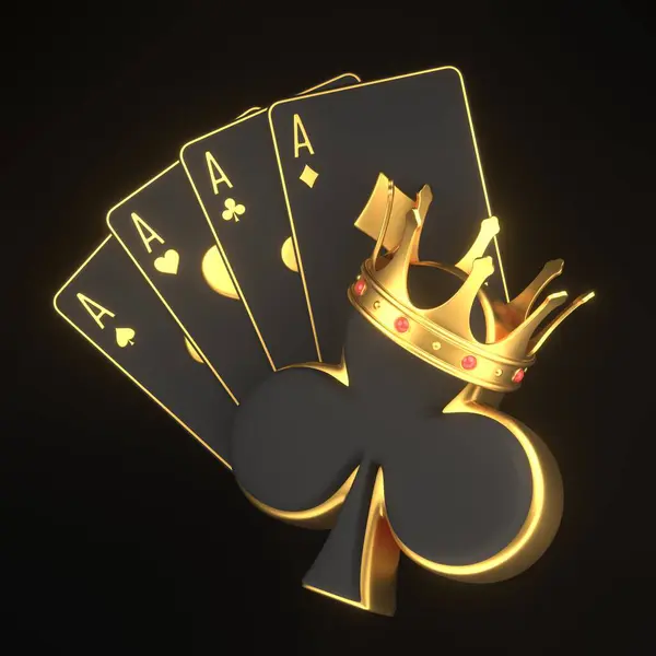 Playing cards with aces cards symbols and golden crown on a black background. Club icon. Casino cards, blackjack, poker. 3D render illustration