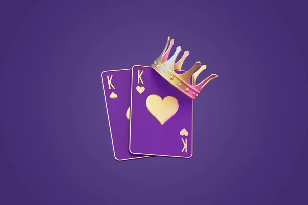 Playing cards with golden crown on a purple background. Casino cards, blackjack, poker. 3D render illustration