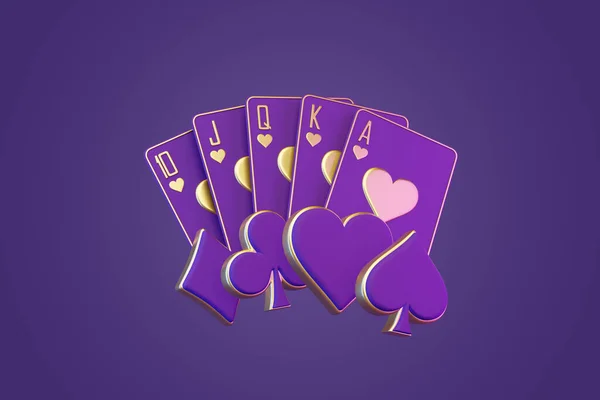 Spielkarten Mit Assenkarten Symbolen Auf Violettem Hintergrund Kasinokarten Blackjack Poker — Stockfoto