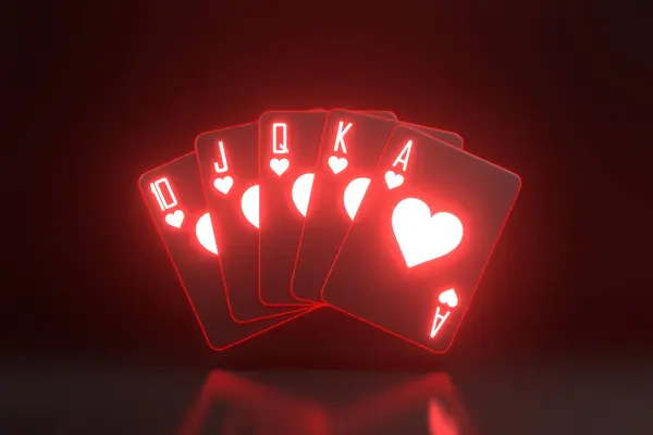 Playing cards with futuristic neon red lights on a black background. Casino cards, blackjack, poker. Front view. 3D render illustration