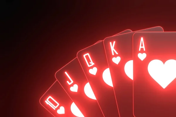 Playing cards with futuristic neon red lights on a black background. Casino cards, blackjack, poker. 3D render illustration