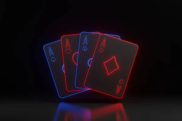 Playing cards with futuristic neon red and blue lights on a black background. Casino cards, blackjack, poker. Front view. 3D render illustration