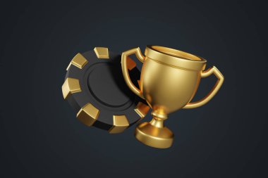 Siyah arka planda kumarhane fişleri ve kupa kupası. Poker, blackjack, bakara oyunu konsepti. 3 Boyutlu resimleme
