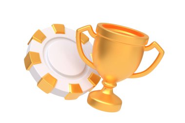 Kumarhane fişleri ve altın kupa beyaz arka planda izole edilmiş. Poker, blackjack, bakara oyunu konsepti. 3 Boyutlu resimleme