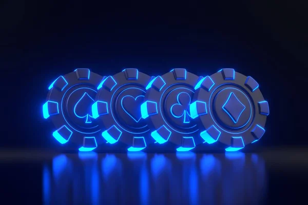 Casino Chips Und Asse Karten Symbole Mit Futuristischen Neonblauen Lichtern — Stockfoto