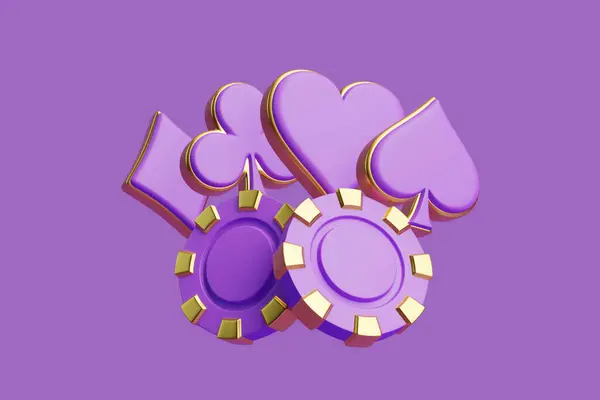 カジノチップとアクスカードのシンボルは紫色の背景にあります ポーカー ブラックジャック バカラゲームのコンセプト ハート ダイヤモンド クラブ スペードアイコン 3Dレンダリングイラスト — ストック写真