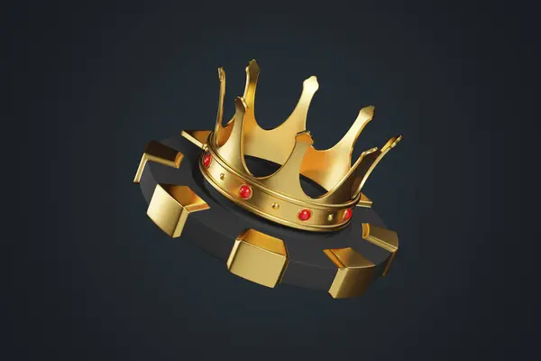 Casino chips and golden crown on a black background. Poker, blackjack, baccarat game concept. 3D render illustration