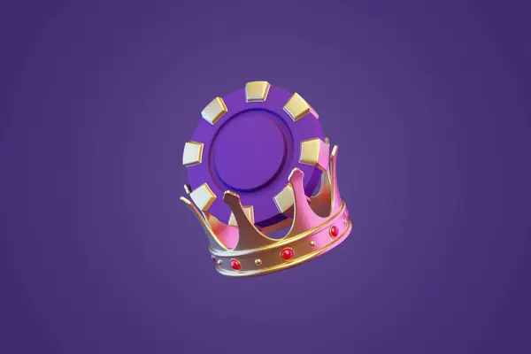 Casino chips and golden crown on a purple background. Poker, blackjack, baccarat game concept. 3D render illustration