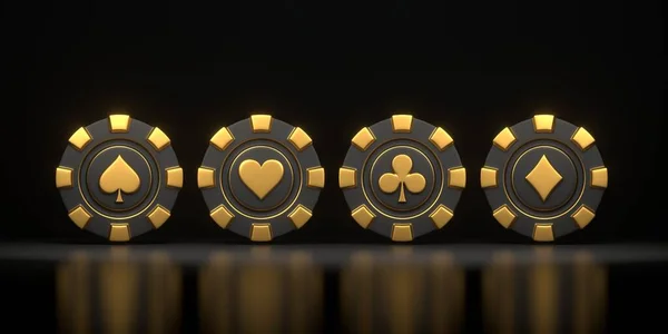 カジノチップとアクスカードのシンボルはブラックバックです ポーカー ブラックジャック バカラゲームのコンセプト ハート ダイヤモンド クラブ スペードアイコン 3Dレンダリングイラスト — ストック写真