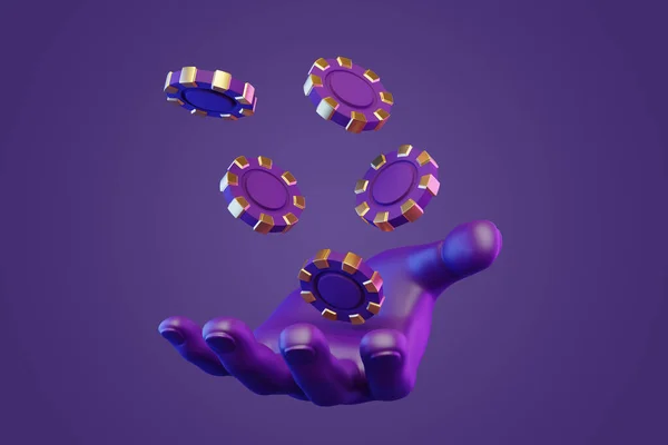紫色の背景にカジノチップとハンド ポーカー ブラックジャック バカラゲームのコンセプト 3Dレンダリングイラスト — ストック写真