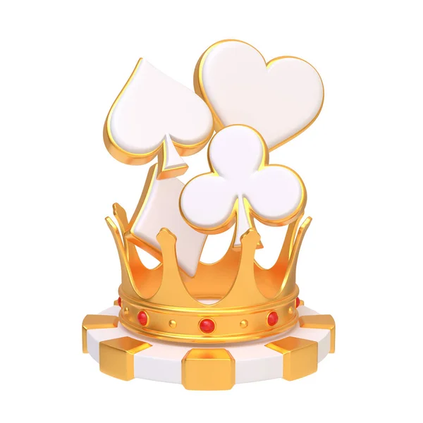 Casino Chips Gouden Kroon Azen Kaarten Symbolen Geïsoleerd Een Witte — Stockfoto