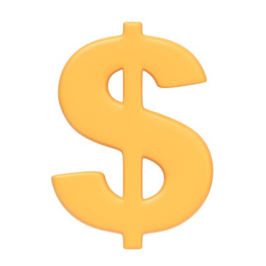 Beyaz arka planda dolar işareti var. 3 boyutlu simge, imza ve sembol. Çizgi film tarzı asgari. Ön manzara. 3 Boyutlu Resim Çizimi