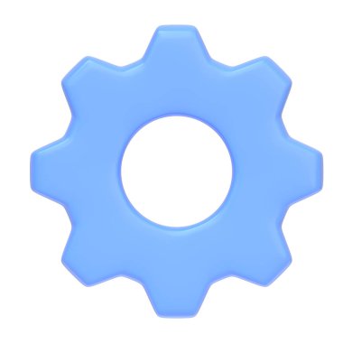 Mavi dişli simgesi beyaz arkaplanda izole edildi. 3 boyutlu simge, imza ve sembol. Çizgi film tarzı asgari. Ön manzara. 3 Boyutlu Resim Çizimi