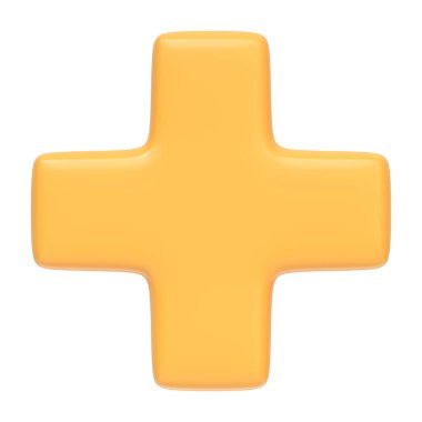 Sarı artı işareti beyaz arkaplanda izole edilmiş. 3 boyutlu simge, imza ve sembol. Çizgi film tarzı asgari. Ön manzara. 3 Boyutlu Resim Çizimi