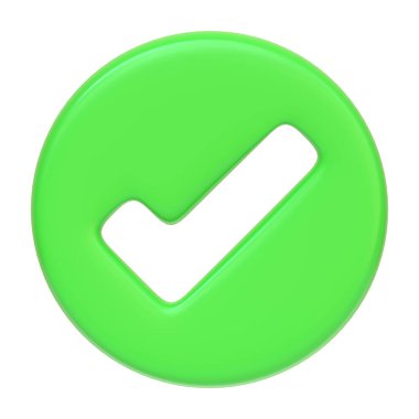 Beyaz arka planda yeşil kontrol işareti var. 3 boyutlu simge, imza ve sembol. Çizgi film tarzı asgari. Ön manzara. 3 Boyutlu Resim Çizimi