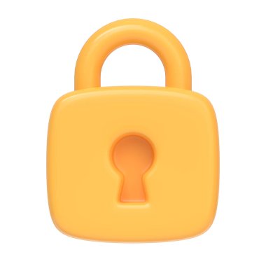 Kilitli asma kilit beyaz arka planda izole edildi. 3 boyutlu simge, imza ve sembol. Çizgi film tarzı asgari. Ön manzara. 3 Boyutlu Resim Çizimi