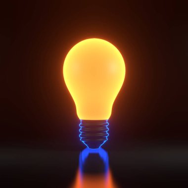 Siyah arka planda parlak parlak turuncu neon ışıklı ampul. Parlak fikir. 3 Boyutlu resimleme