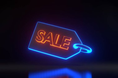 Fiyat etiketi, etiket, indirimli indirim kuponu ve siyah arka planda parlak parlak mavi ve turuncu neon ışıkları. 3 Boyutlu resimleme