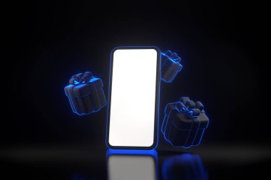 Hediye kutuları ve üzerinde parlak parlak parlak mavi neon ışıkları olan cep telefonu. Tatil dekorasyonu. Şenlik hediyesi sürprizi. 3 Boyutlu resimleme