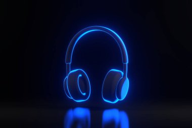 Siyah arka planda parlak parlak fütürist mavi ışıklı kulaklıklar. Asgari yaratıcı konsept. 3 Boyutlu resimleme