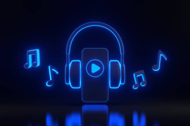 Kulaklıklar, akıllı telefon ve melodi notaları ve parlak parlak parlak parlak mavi neon ışıklarla siyah arka planda çalan sembol. Müzik, radyo, podcast ve kitap dinleme kavramı. 3 Boyutlu Hazırlama