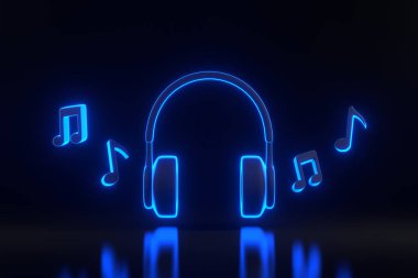 Kulaklıklar ve notalar parlak parlak parlak mavi neon ışıklarla siyah arka planda. Müzik, radyo, podcast ve kitap dinleme kavramı. 3 Boyutlu resimleme