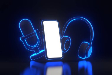 Mikrofon, kulaklık ve parlak parlak parlak fütüristik neon lambalı akıllı telefon. Asgari yaratıcı konsept. 3 Boyutlu resimleme