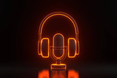 Siyah arka planda parlak parlak turuncu neon ışıkları olan mikrofon ve kulaklıklar. Asgari yaratıcı konsept. 3 Boyutlu resimleme