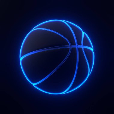 Siyah arka planda parlak parlak fütürist mavi ışıklı basketbol topu. 3 boyutlu simge, imza ve sembol. Çizgi film tarzı asgari. 3 Boyutlu resimleme
