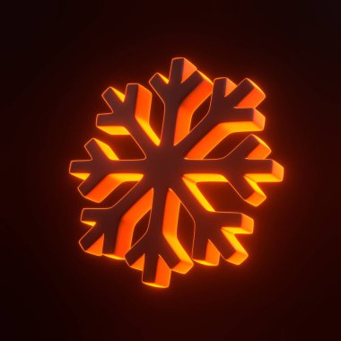 Icy Snowflake Simgesi, parlak parlak parlak turuncu neon ışıklarıyla siyah arka planda. 3 boyutlu simge, imza ve sembol. Çizgi film tarzı asgari. 3 Boyutlu resimleme