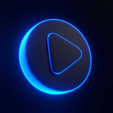 Yuvarlak oynatma tuşu, parlak parlak parlak fütüristik neon ışıklarıyla siyah arka planda. 3 boyutlu simge, imza ve sembol. Çizgi film tarzı asgari. 3 Boyutlu resimleme