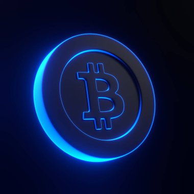 Bitcoin simgesi, parlak parlak parlak fütürist mavi neon ışıklarla siyah arka planda. 3 boyutlu simge, imza ve sembol. Çizgi film tarzı asgari. 3 Boyutlu resimleme