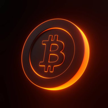 Siyah arka planda parlak parlak turuncu neon ışıkları olan Bitcoin jetonu. 3 boyutlu simge, imza ve sembol. Çizgi film tarzı asgari. 3 Boyutlu resimleme