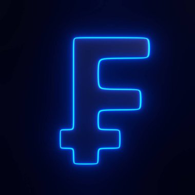 Siyah arka planda parlak parlak fütürist mavi neon ışıkları olan frank işareti. 3 boyutlu simge, imza ve sembol. Ön manzara. 3 Boyutlu resimleme