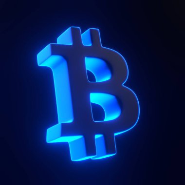 Siyah arka planda parlak parlak mavi neon ışıkları olan bitcoin işareti. 3 boyutlu simge, imza ve sembol. Çizgi film tarzı asgari. 3 Boyutlu resimleme