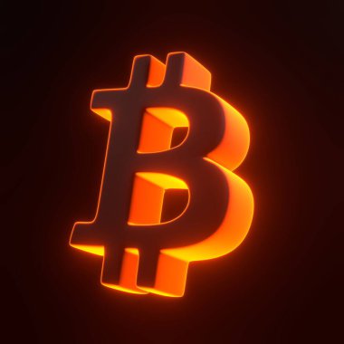 Siyah arka planda parlak parlak turuncu neon ışıkları olan bitcoin işareti. 3 boyutlu simge, imza ve sembol. Çizgi film tarzı asgari. 3 Boyutlu resimleme