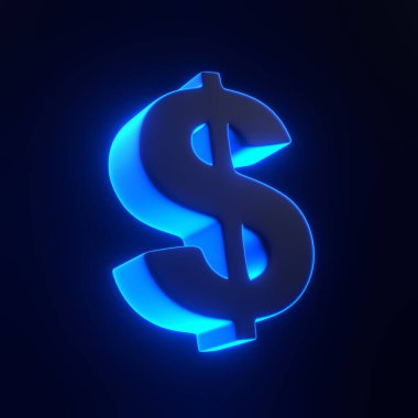Siyah arka planda parlak parlak mavi neon ışıkları olan dolar işareti. 3 boyutlu simge, imza ve sembol. Çizgi film tarzı asgari. 3 Boyutlu resimleme