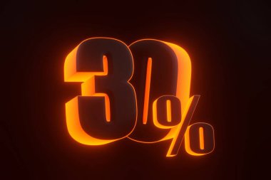 Yüzde otuzu parlak parlak parlak turuncu neon ışıklarıyla siyah arkaplanda. İndirimde% 30 indirim. 3 Boyutlu resimleme
