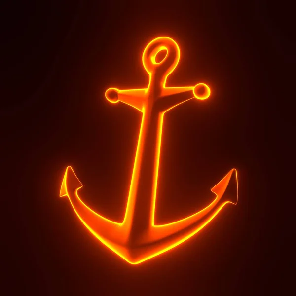 Anchor with bright glowing futuristic orange neon lights on black background. 3D render illustration