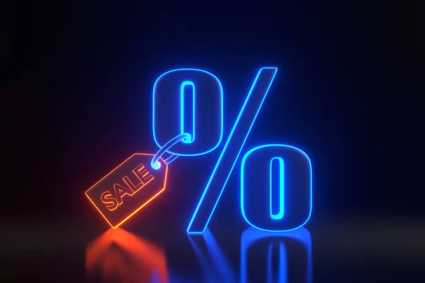 Big percent sign with sale tag with bright glowing futuristic blue and orange neon lights on a black background. Black Friday Super Sale concept. 3D render illustration