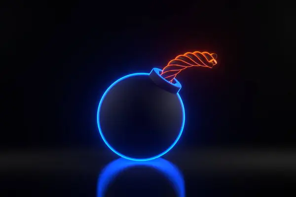 Spherical Bomb Bright Glowing Futuristic Blue Orange Neon Lights Black — Stock Photo, Image