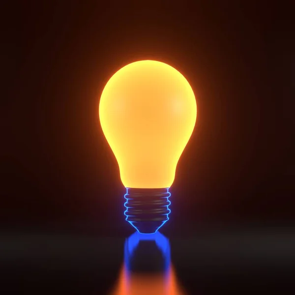 Siyah arka planda parlak parlak turuncu neon ışıklı ampul. Parlak fikir. 3 Boyutlu resimleme