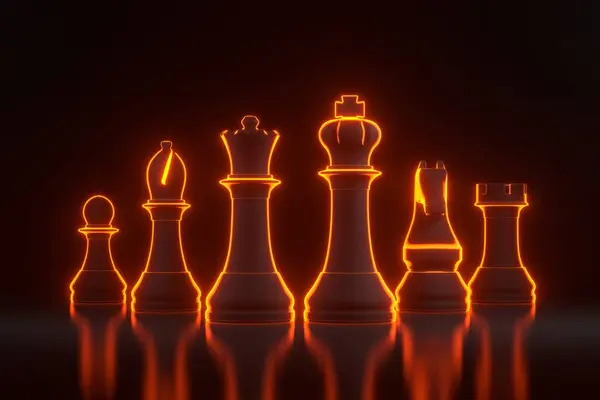 Šachové Figurky Jasně Zářícími Futuristickými Oranžovými Neonovými Světly Černém Pozadí — Stock fotografie
