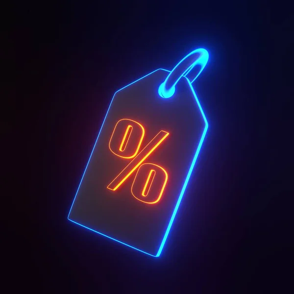 Price tag, label, discount coupon and percent sign with bright glowing futuristic blue and orange neon lights on black background. 3D render illustration