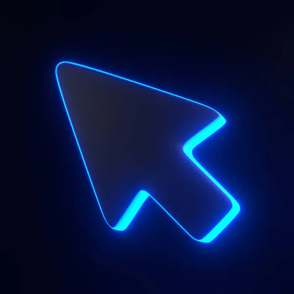 Computer mouse click pointer with bright glowing futuristic blue neon lights on black background. 3D render illustration