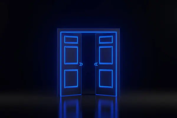 黒い背景に明るく輝く未来的な青いネオン ライトが付いている部屋のドアを開けて下さい 建築デザインの要素 3Dレンダリングイラスト — ストック写真