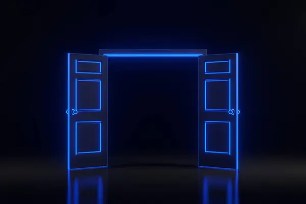 Open Door Room Bright Glowing Futuristic Blue Neon Lights Black — Stock Photo, Image