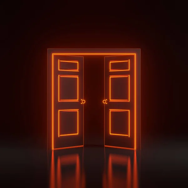 Öppna Dörren Ett Rum Med Ljusa Glödande Futuristiska Orange Neonljus — Stockfoto