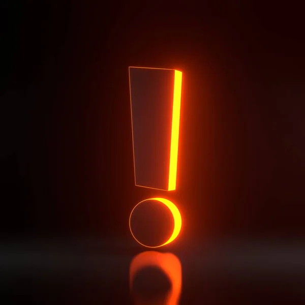 Exclamation mark with bright glowing futuristic orange neon lights on black background. 3D render illustration